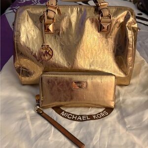 Michael Kors Rose Gold Metallic Large Handbag & Matching Wallet NWOT